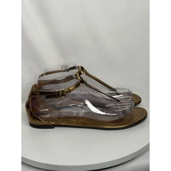 Tory Burch Metallic Leather T Strap Thong Sandals US 7.5 Gold Logo Flats - Picture 4 of 9